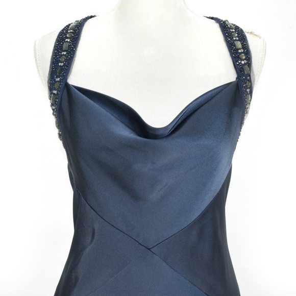 BCBG Deep Blue Draped Beaded A-line Formal Gown - Picture 6 of 8